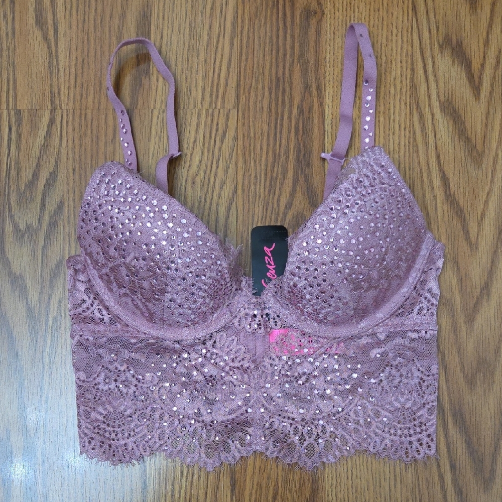 BNWT La SENZA Beyond Sexy Ultimate Plunge Sparkling Lace Bustier Bra Mauve/ 32B